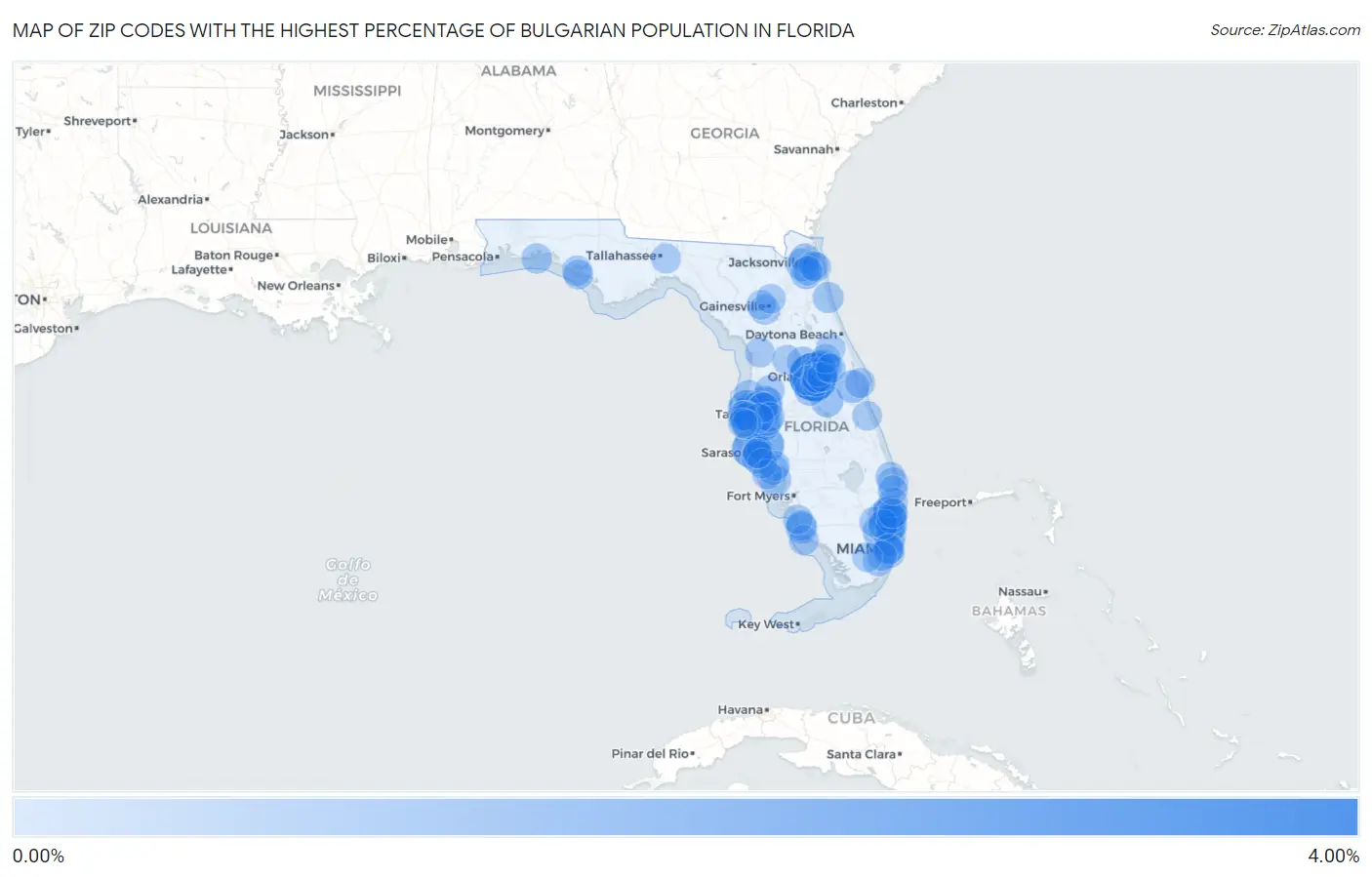 Zip Codes with the Highest Percentage of Bulgarian Population in Florida Map