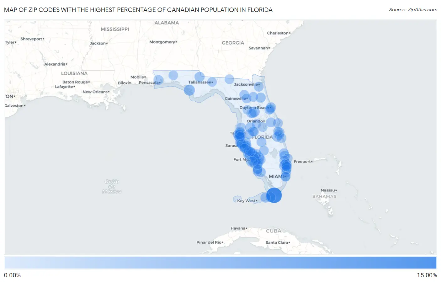 Zip Codes with the Highest Percentage of Canadian Population in Florida Map