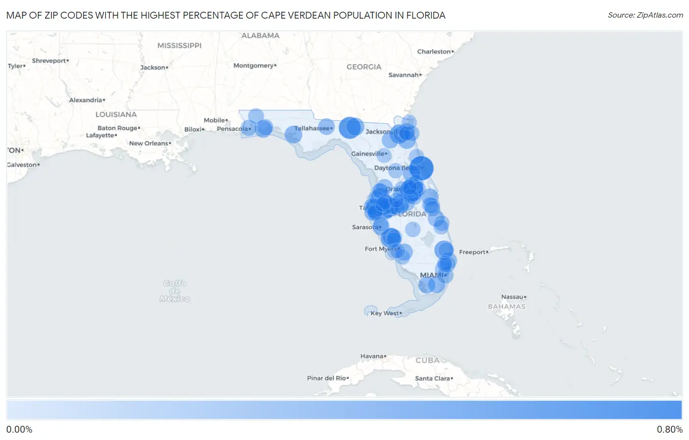 Zip Codes with the Highest Percentage of Cape Verdean Population in Florida Map