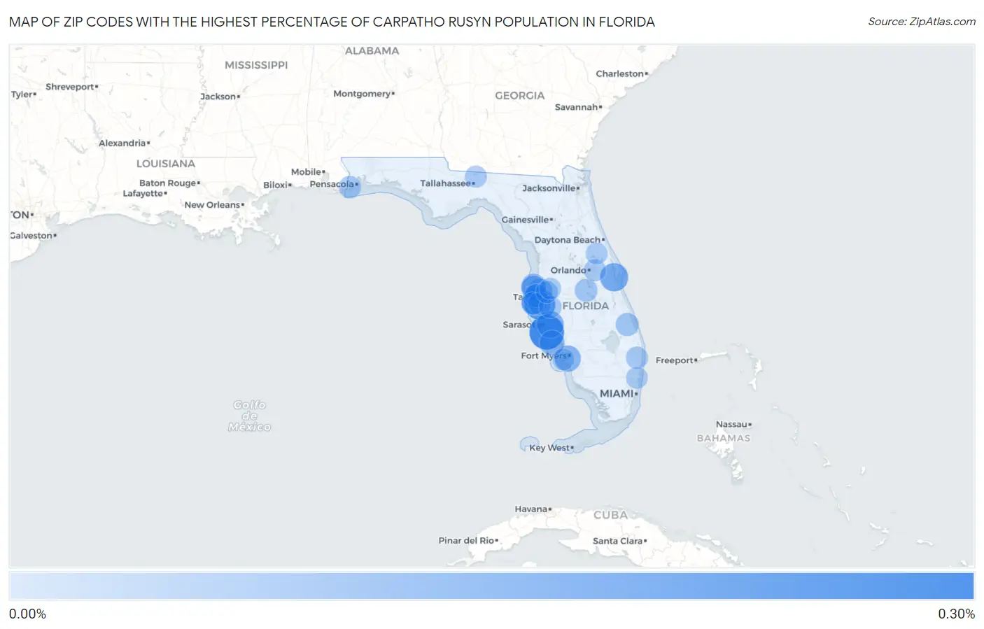 Zip Codes with the Highest Percentage of Carpatho Rusyn Population in Florida Map