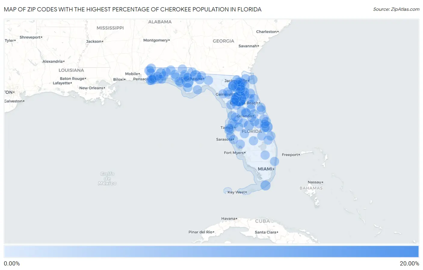 Zip Codes with the Highest Percentage of Cherokee Population in Florida Map