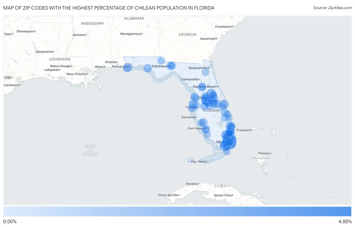 Zip Codes with the Highest Percentage of Chilean Population in Florida Map