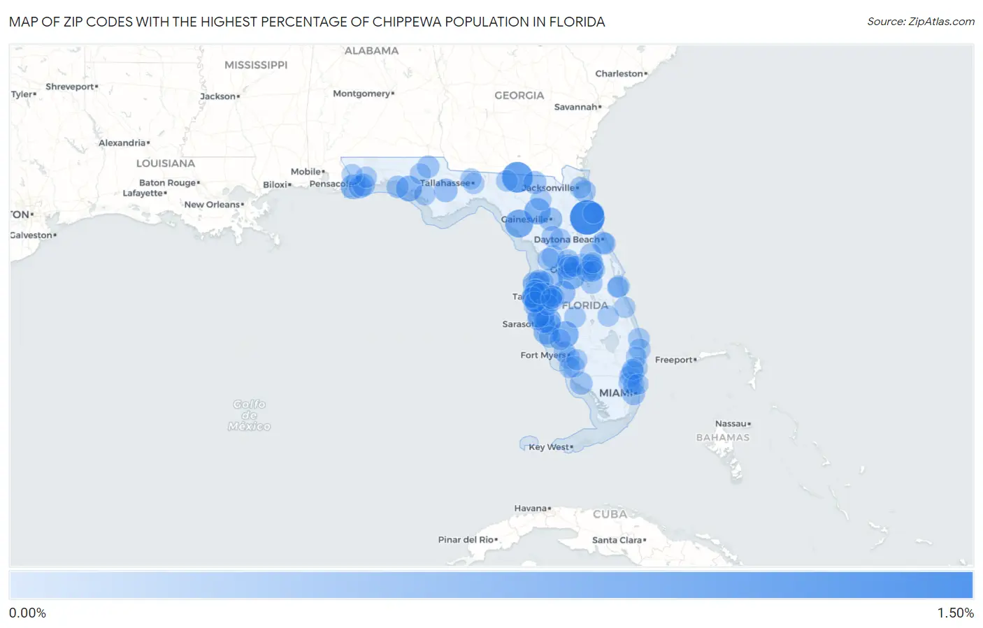 Zip Codes with the Highest Percentage of Chippewa Population in Florida Map