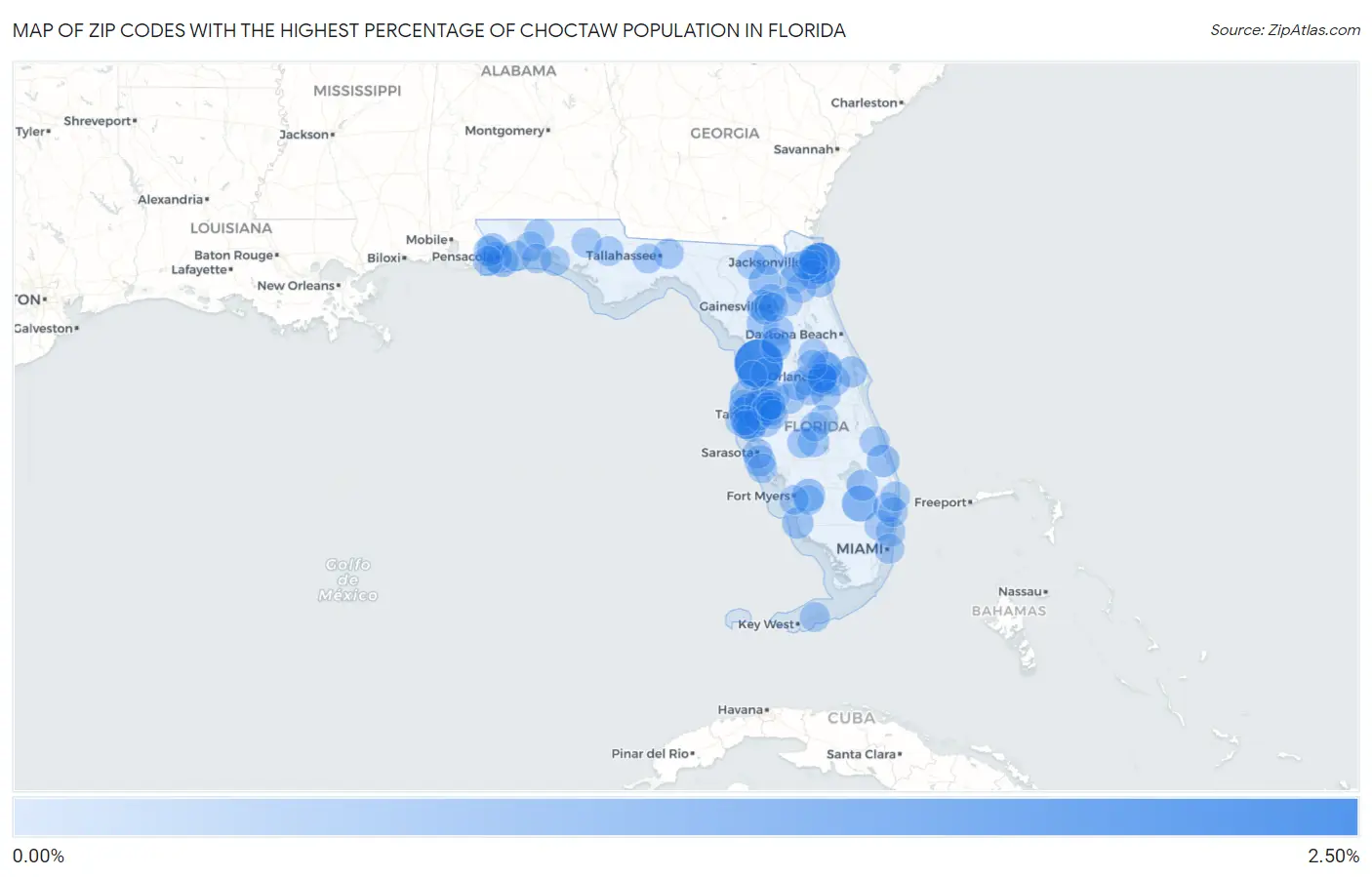 Zip Codes with the Highest Percentage of Choctaw Population in Florida Map