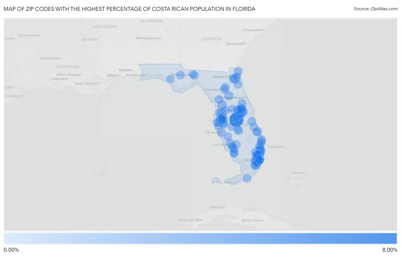 Zip Codes with the Highest Percentage of Costa Rican Population in Florida Map