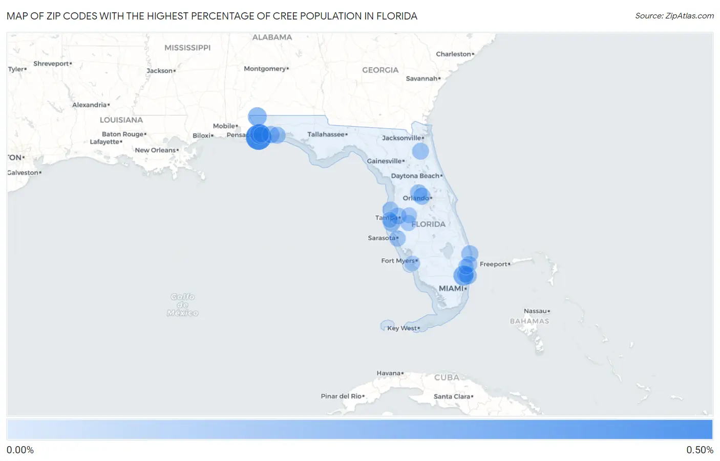 Zip Codes with the Highest Percentage of Cree Population in Florida Map