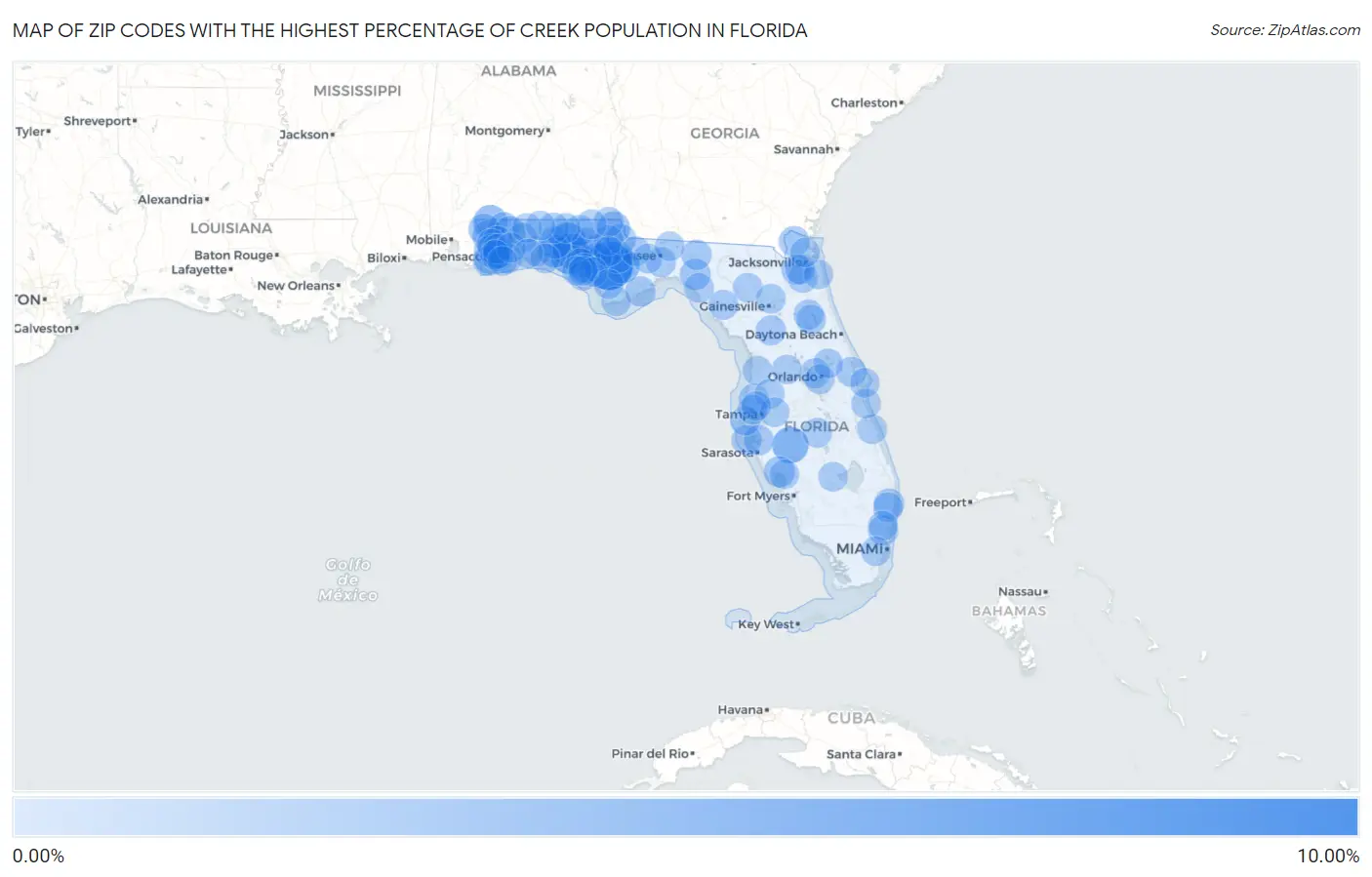 Zip Codes with the Highest Percentage of Creek Population in Florida Map