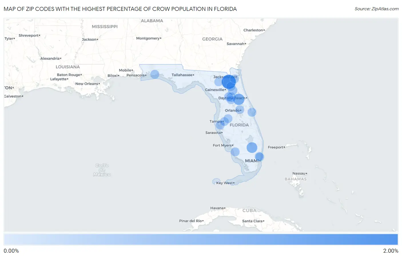 Zip Codes with the Highest Percentage of Crow Population in Florida Map