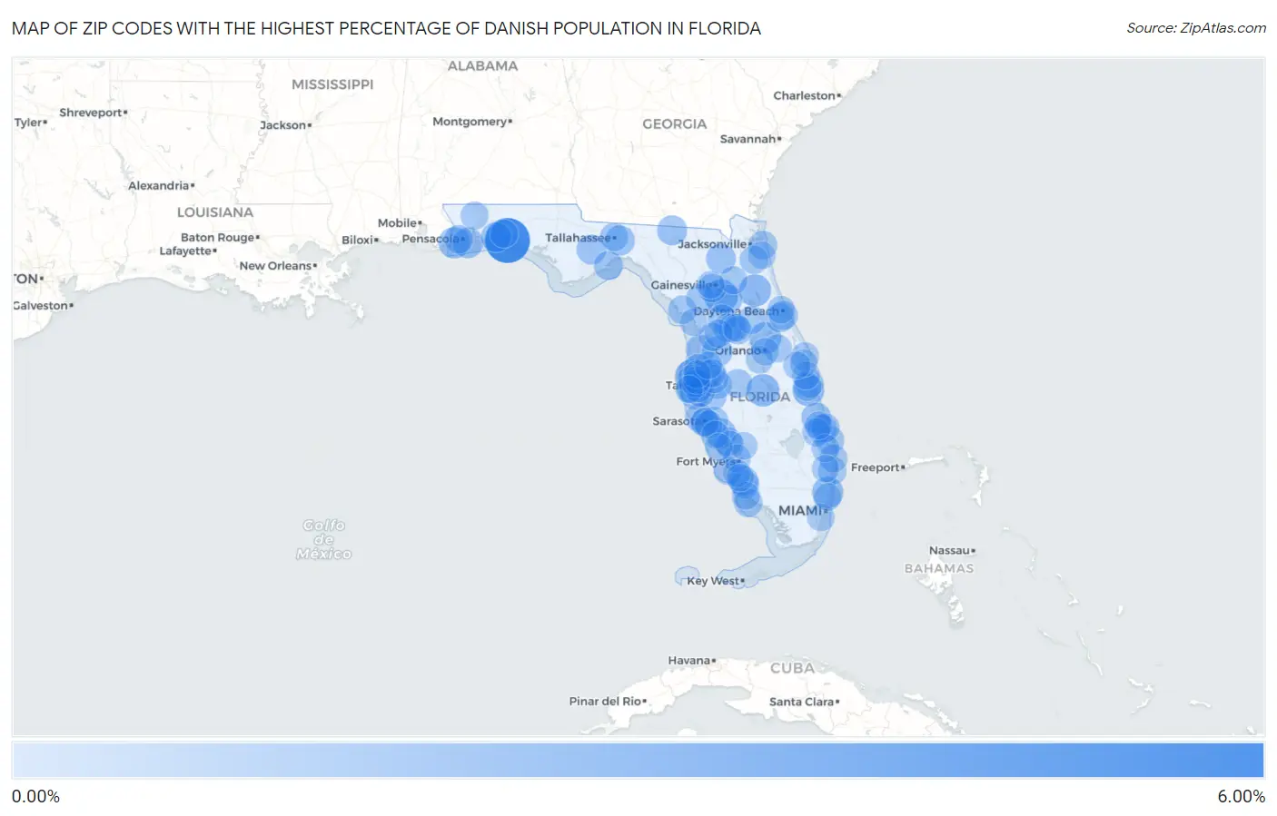 Zip Codes with the Highest Percentage of Danish Population in Florida Map