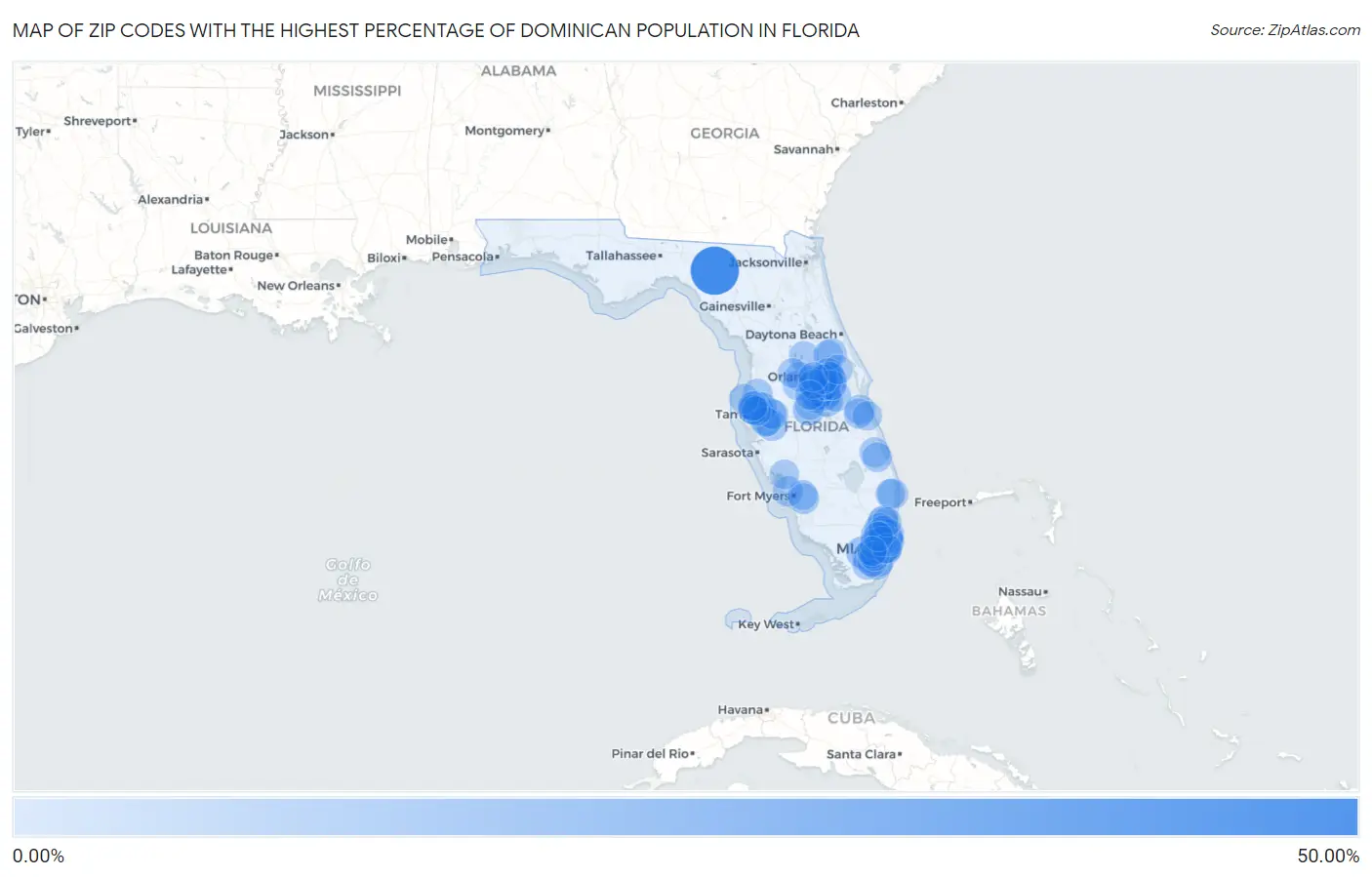 Zip Codes with the Highest Percentage of Dominican Population in Florida Map