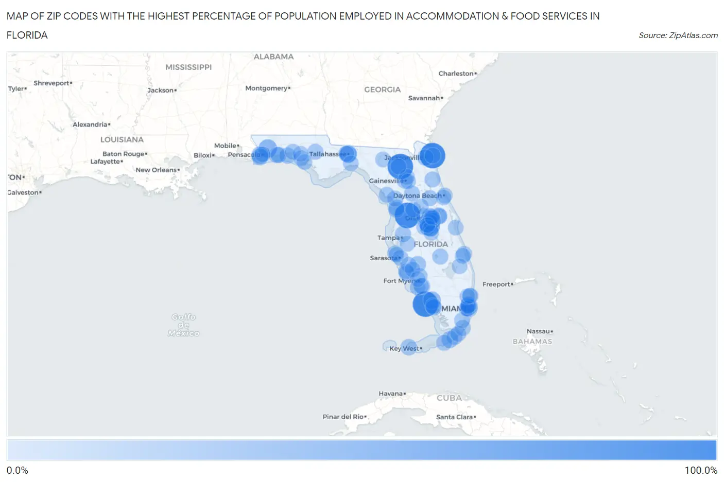 Zip Codes with the Highest Percentage of Population Employed in Accommodation & Food Services in Florida Map