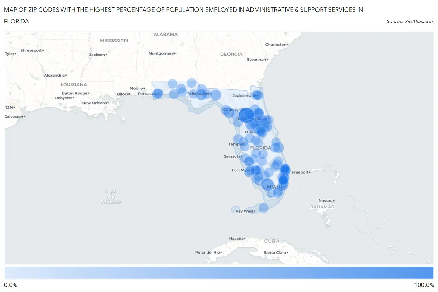 Zip Codes with the Highest Percentage of Population Employed in Administrative & Support Services in Florida Map