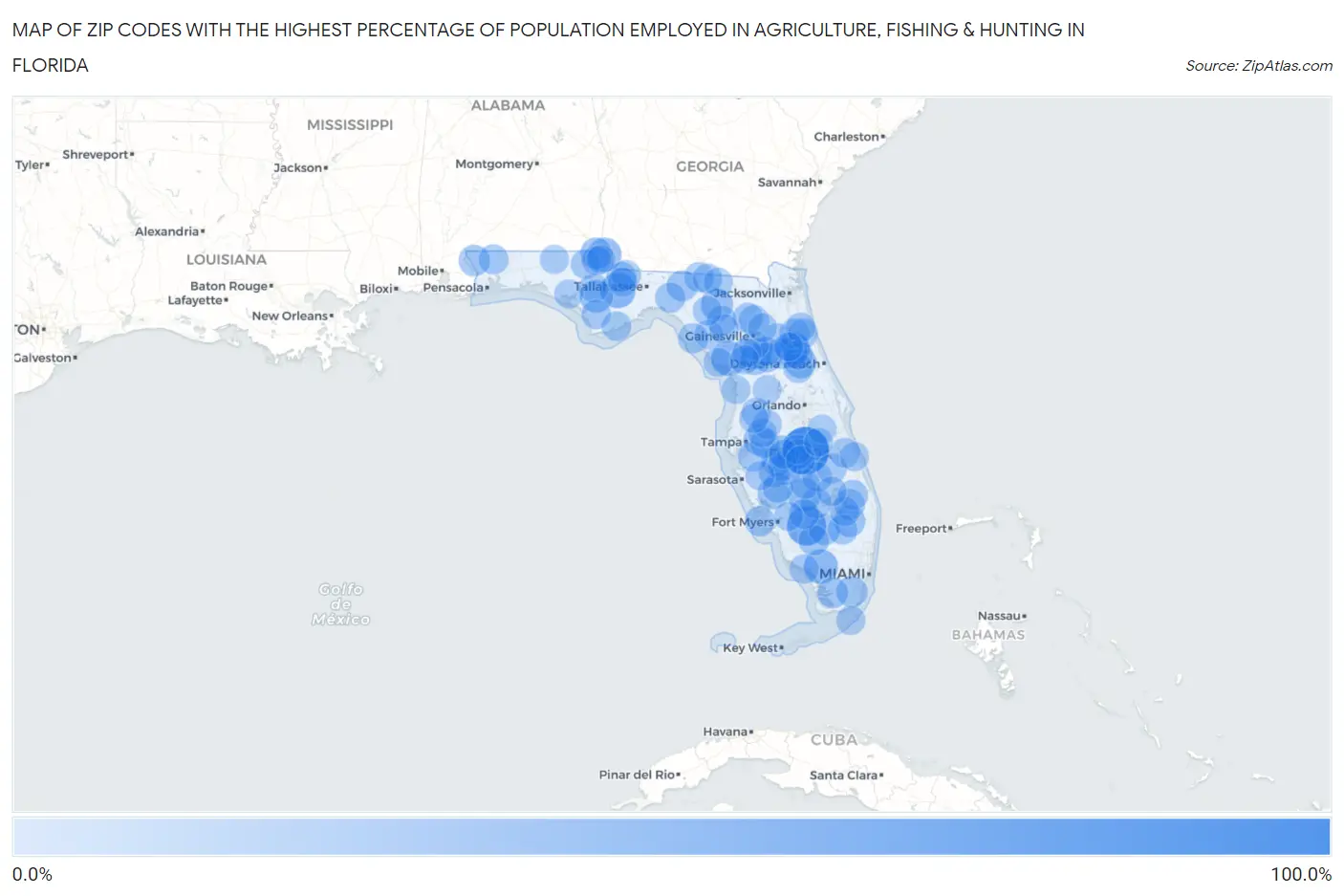 Zip Codes with the Highest Percentage of Population Employed in Agriculture, Fishing & Hunting in Florida Map