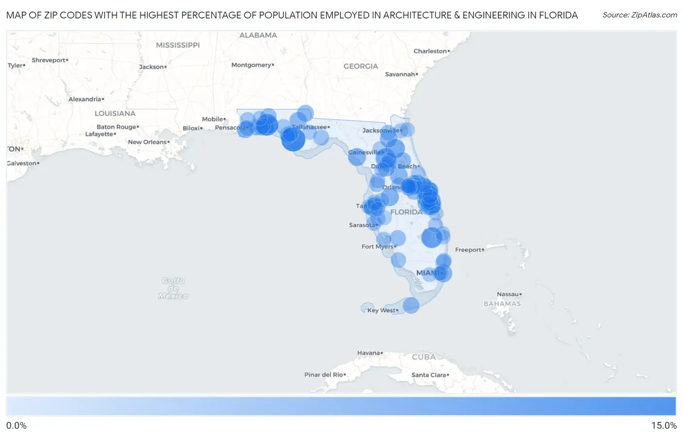 Zip Codes with the Highest Percentage of Population Employed in Architecture & Engineering in Florida Map