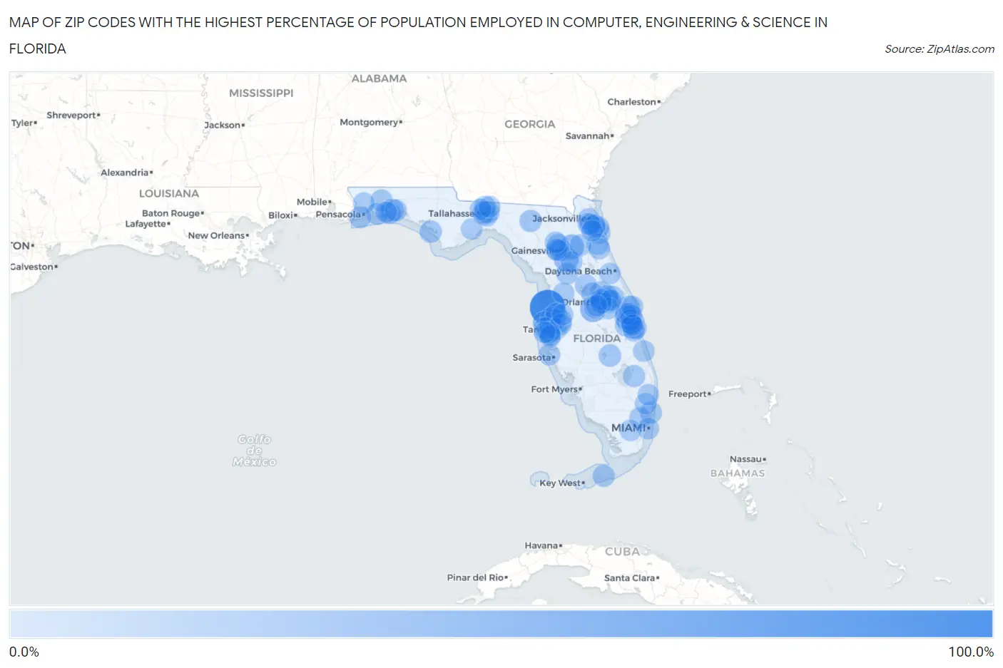 Zip Codes with the Highest Percentage of Population Employed in Computer, Engineering & Science in Florida Map