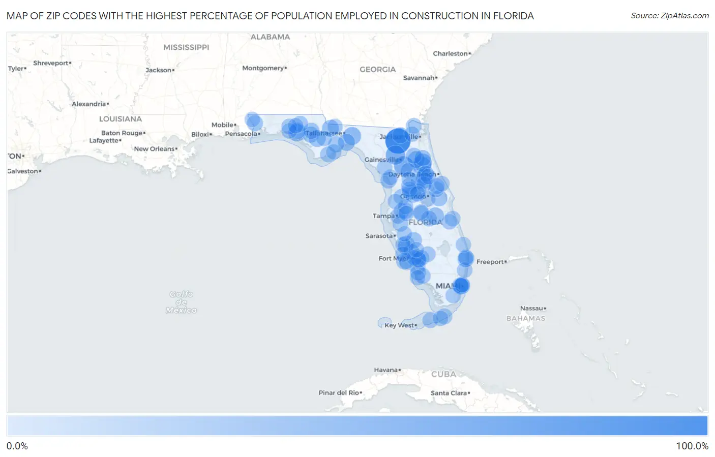 Zip Codes with the Highest Percentage of Population Employed in Construction in Florida Map