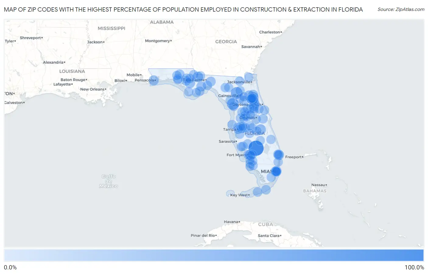 Zip Codes with the Highest Percentage of Population Employed in Construction & Extraction in Florida Map