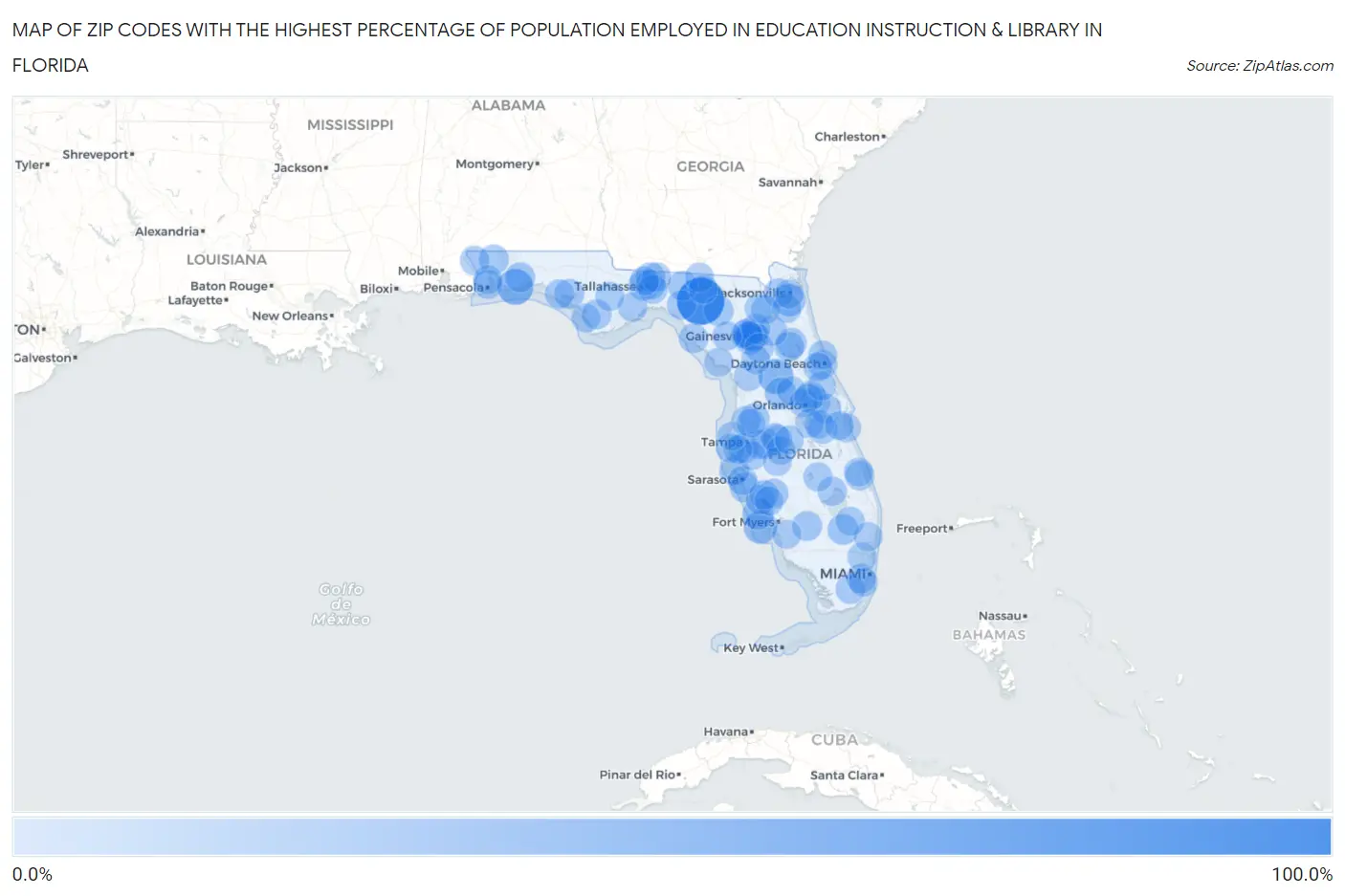 Zip Codes with the Highest Percentage of Population Employed in Education Instruction & Library in Florida Map