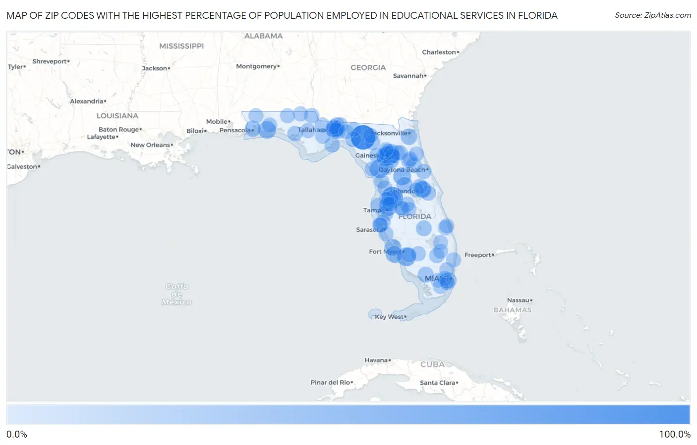 Zip Codes with the Highest Percentage of Population Employed in Educational Services in Florida Map
