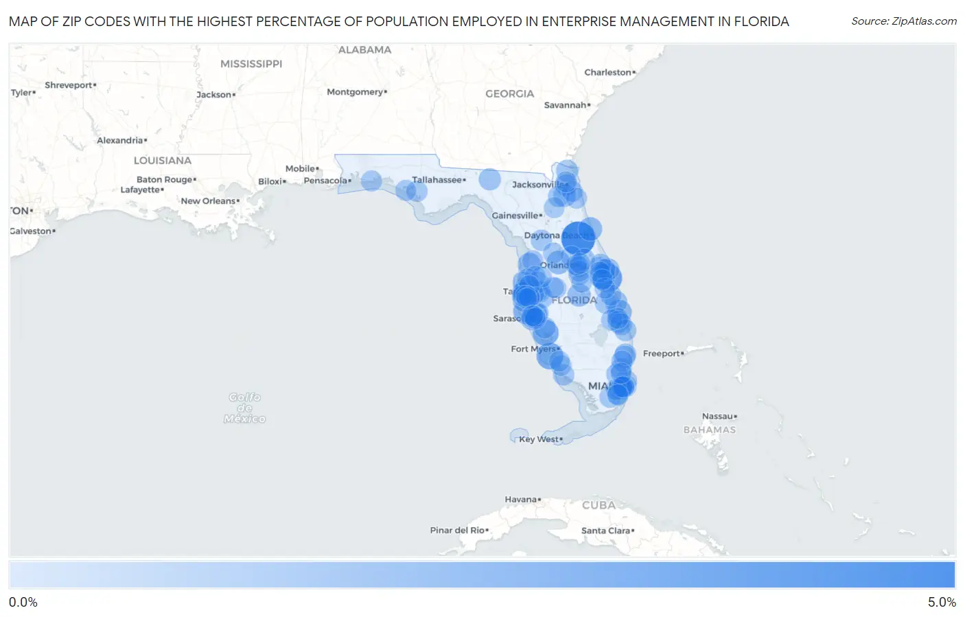 Zip Codes with the Highest Percentage of Population Employed in Enterprise Management in Florida Map