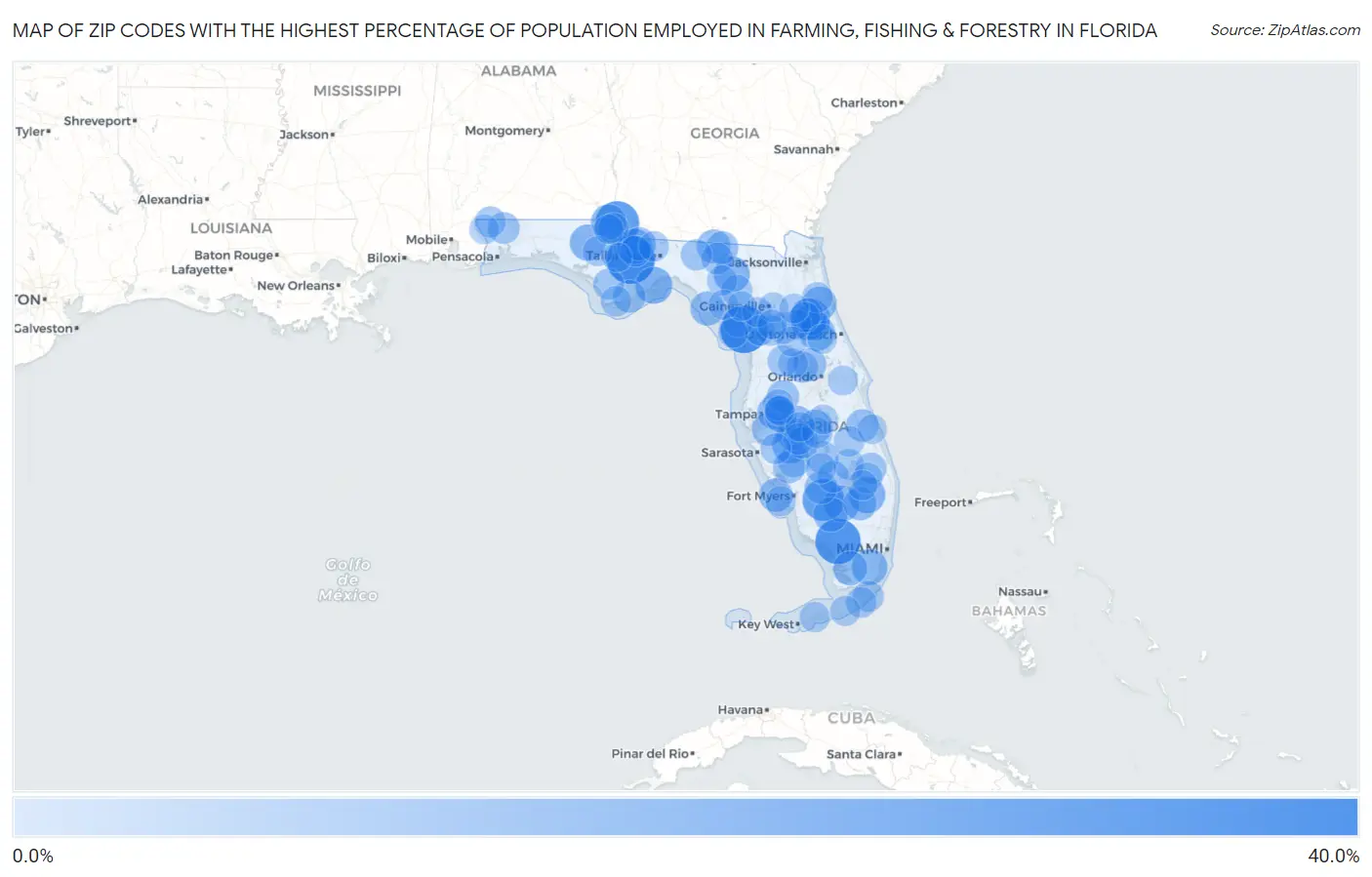 Zip Codes with the Highest Percentage of Population Employed in Farming, Fishing & Forestry in Florida Map