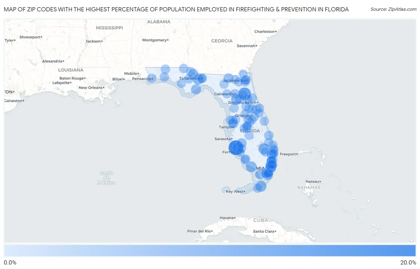 Zip Codes with the Highest Percentage of Population Employed in Firefighting & Prevention in Florida Map