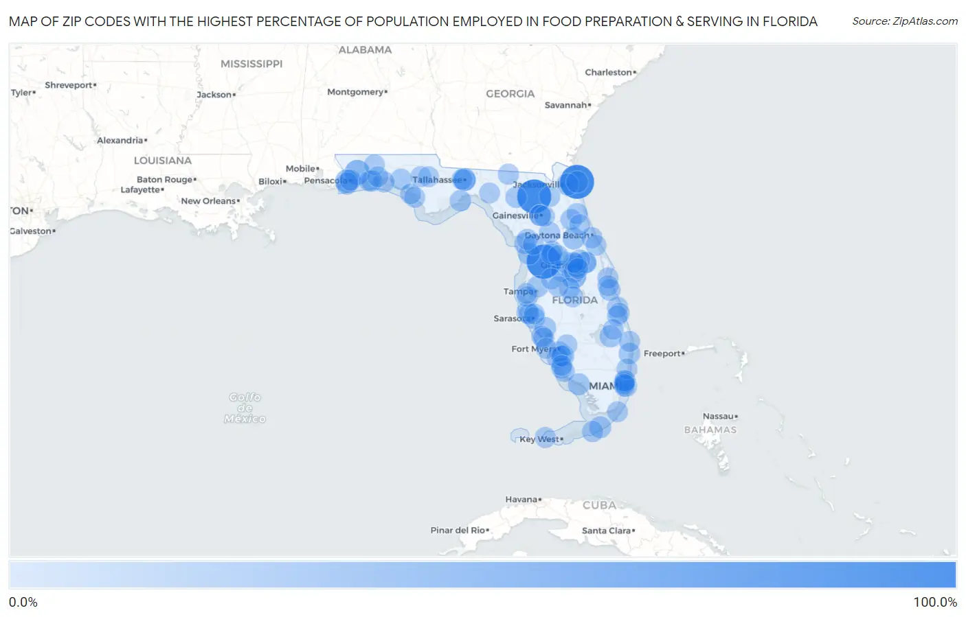 Zip Codes with the Highest Percentage of Population Employed in Food Preparation & Serving in Florida Map