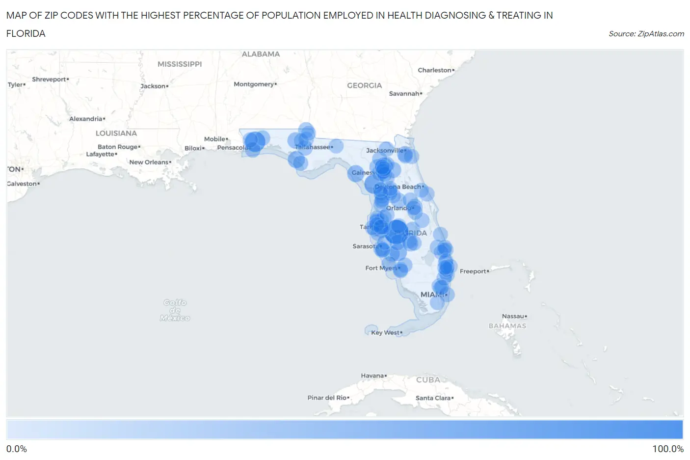 Zip Codes with the Highest Percentage of Population Employed in Health Diagnosing & Treating in Florida Map