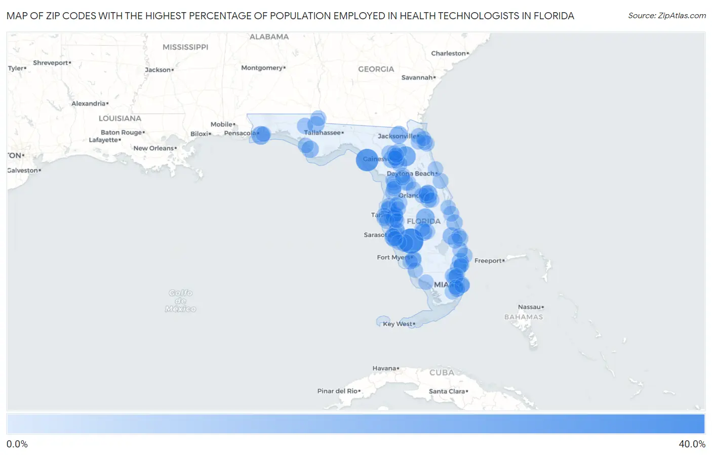 Zip Codes with the Highest Percentage of Population Employed in Health Technologists in Florida Map