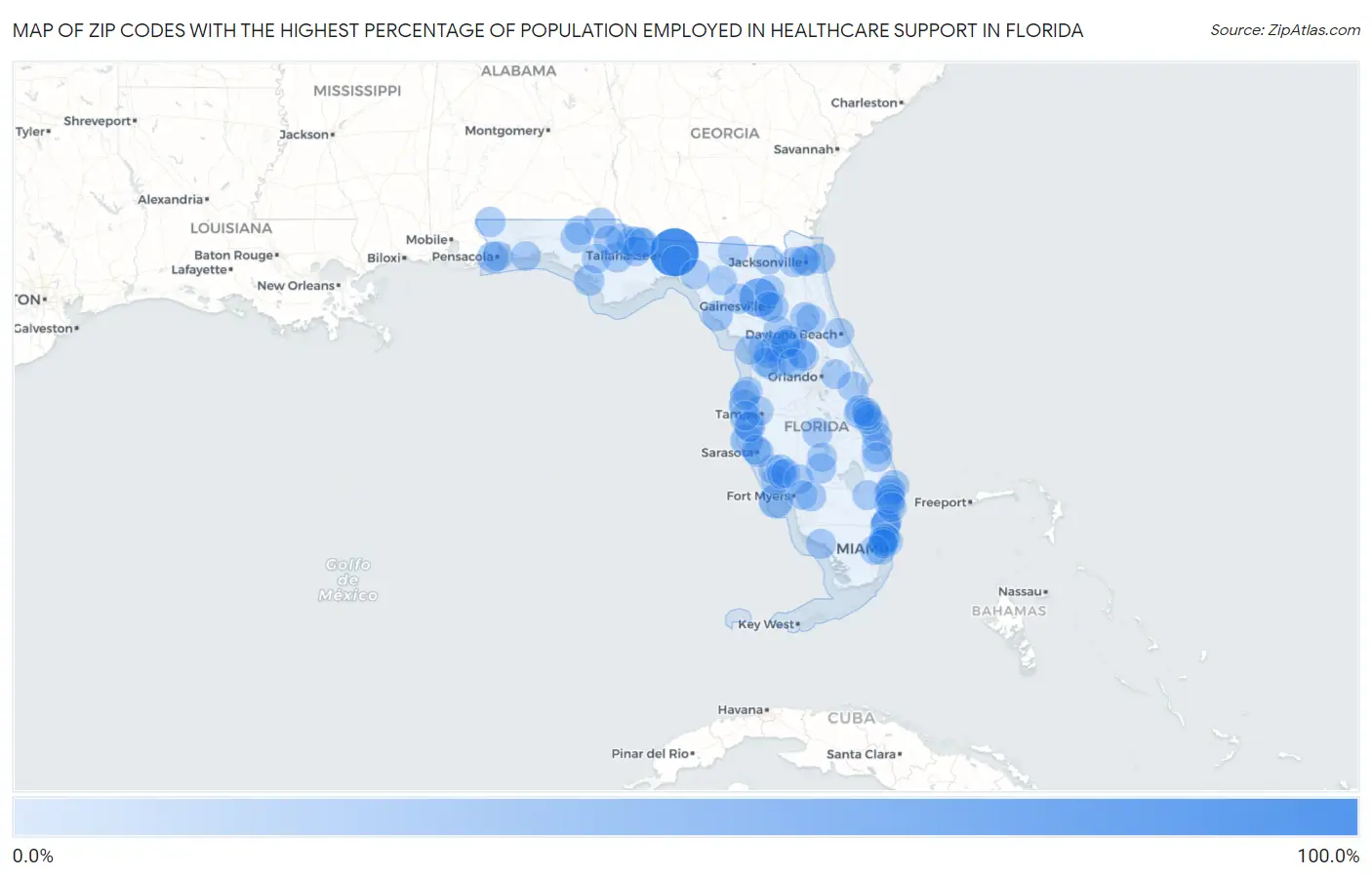 Zip Codes with the Highest Percentage of Population Employed in Healthcare Support in Florida Map