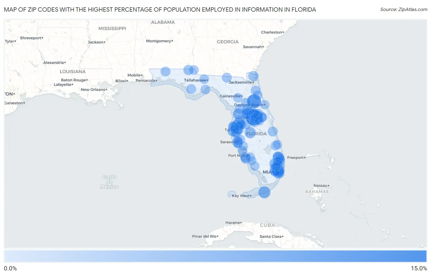 Zip Codes with the Highest Percentage of Population Employed in Information in Florida Map