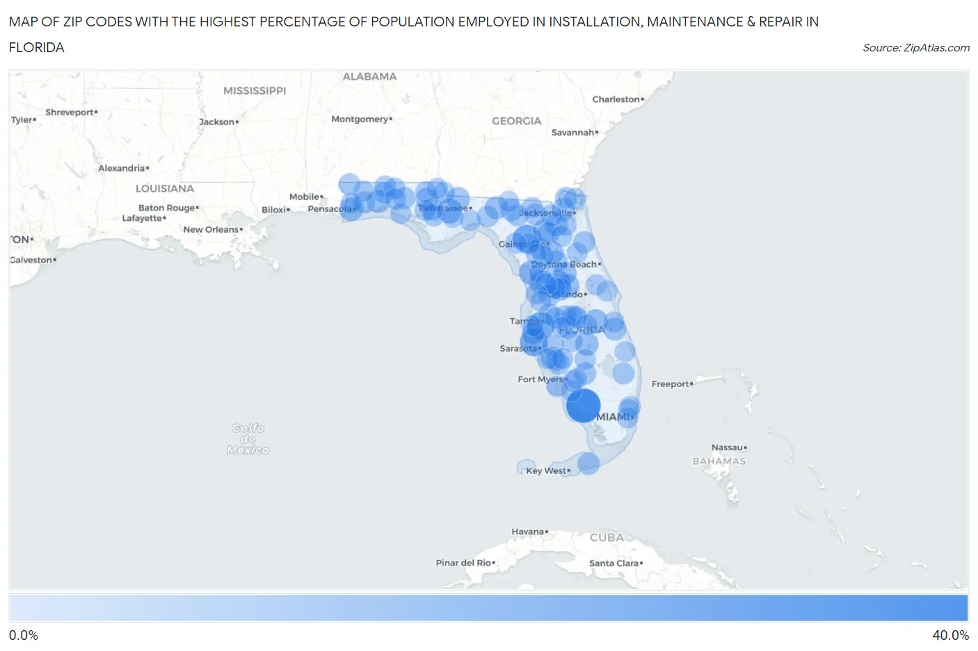 Zip Codes with the Highest Percentage of Population Employed in Installation, Maintenance & Repair in Florida Map