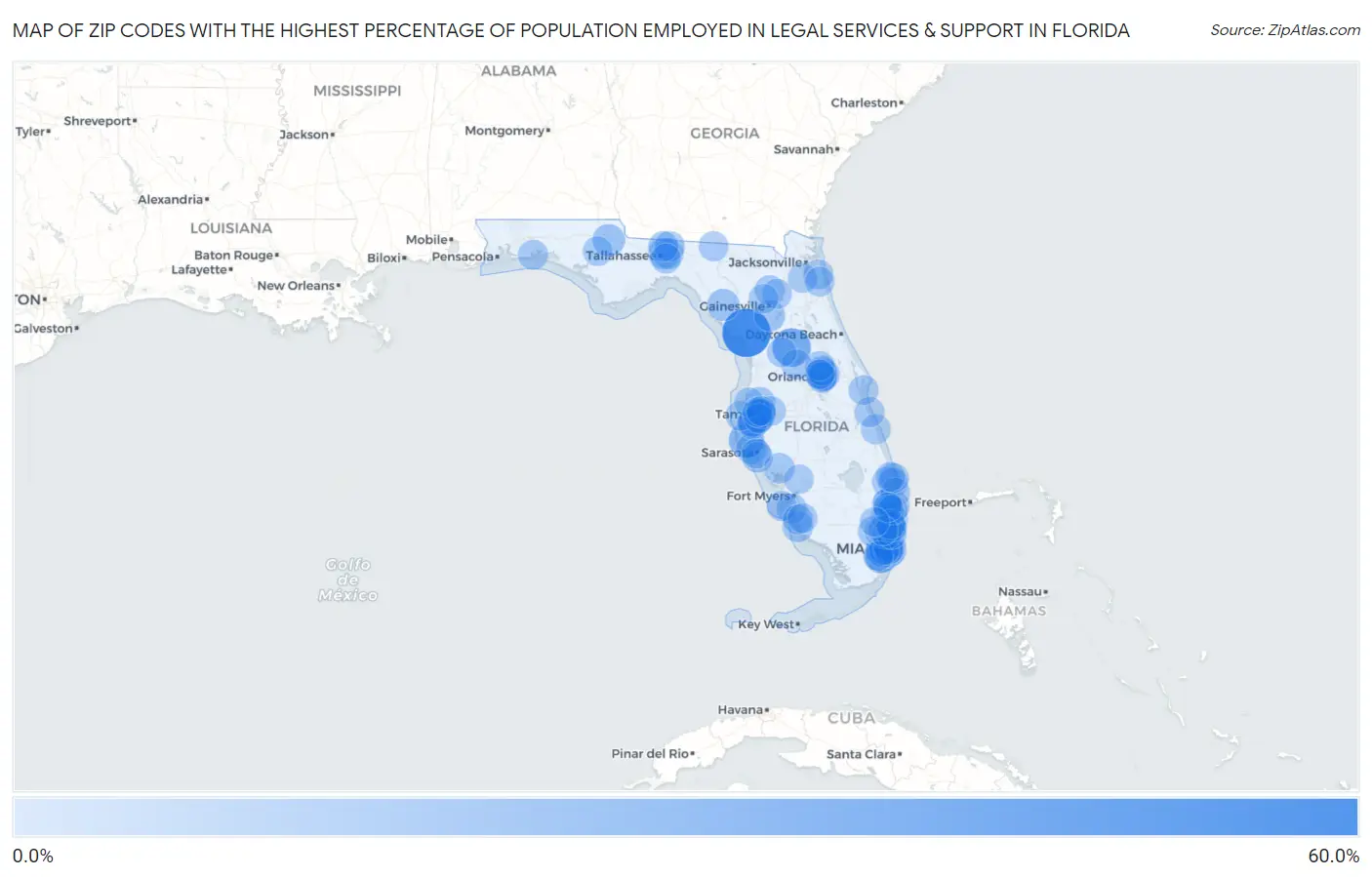 Zip Codes with the Highest Percentage of Population Employed in Legal Services & Support in Florida Map
