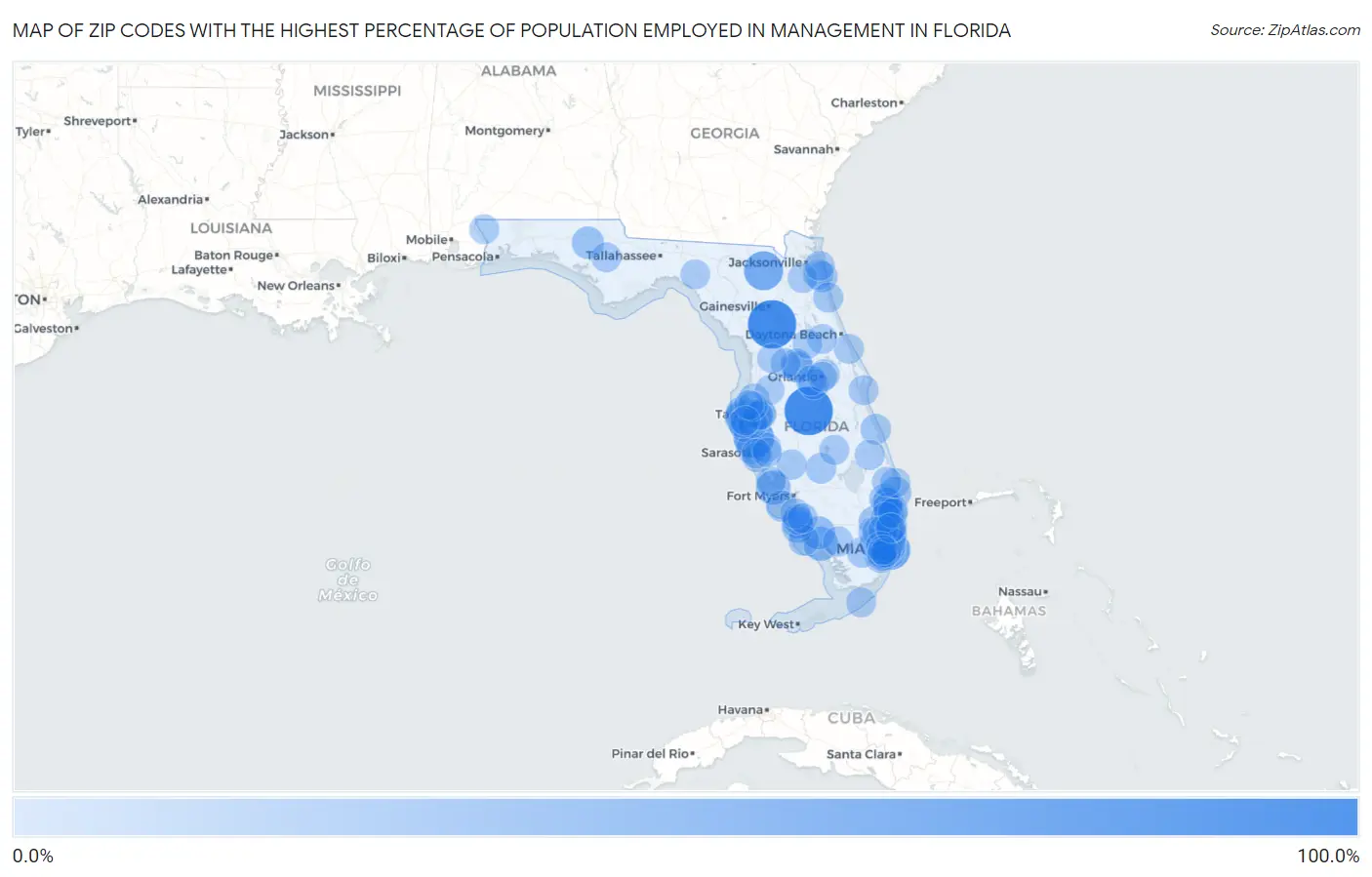 Zip Codes with the Highest Percentage of Population Employed in Management in Florida Map