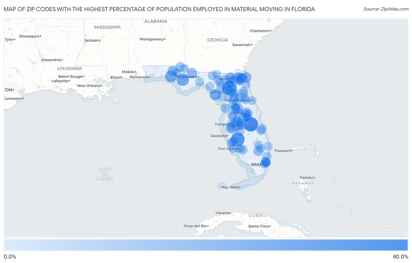 Zip Codes with the Highest Percentage of Population Employed in Material Moving in Florida Map
