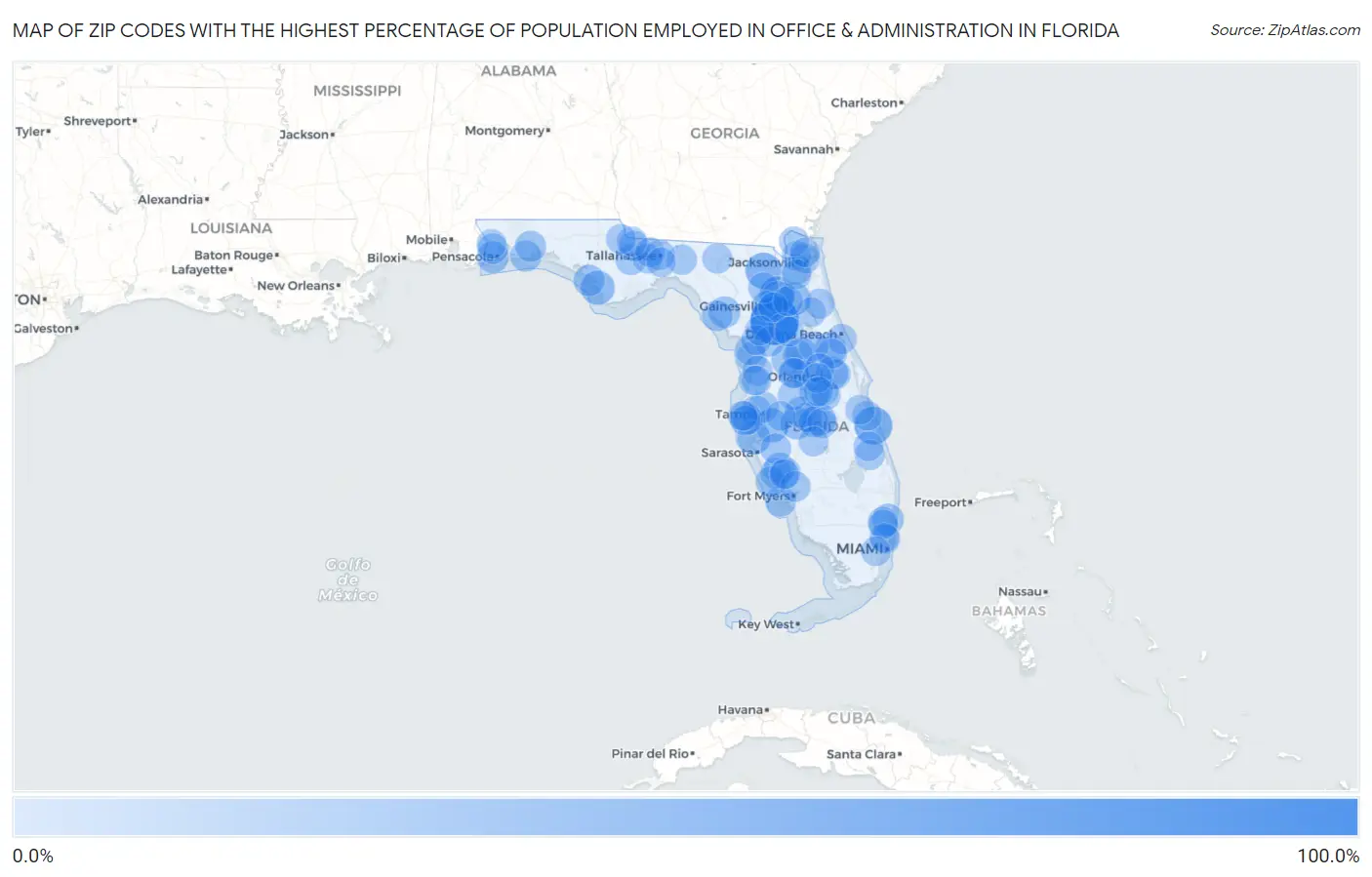 Zip Codes with the Highest Percentage of Population Employed in Office & Administration in Florida Map