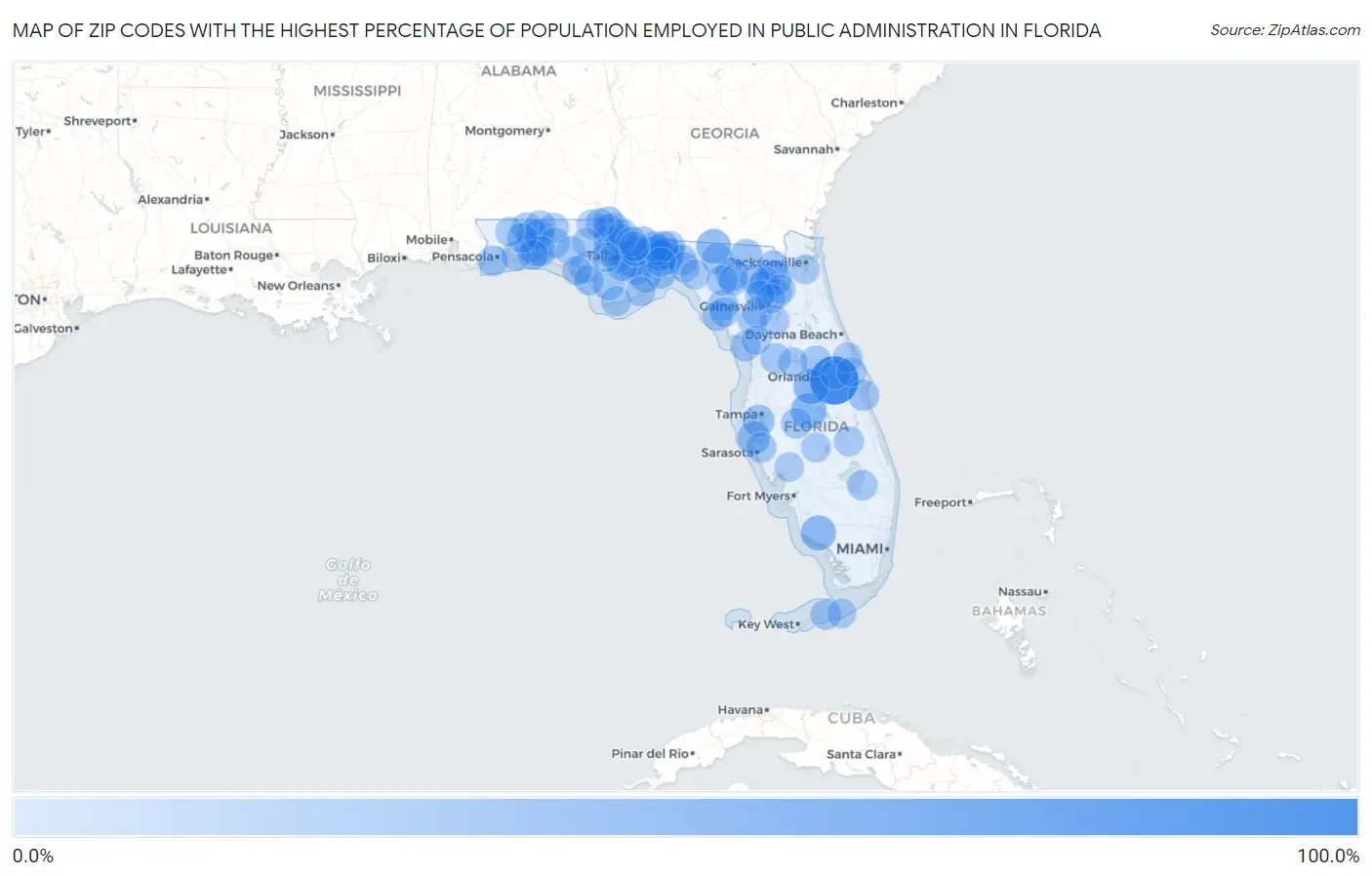Zip Codes with the Highest Percentage of Population Employed in Public Administration in Florida Map