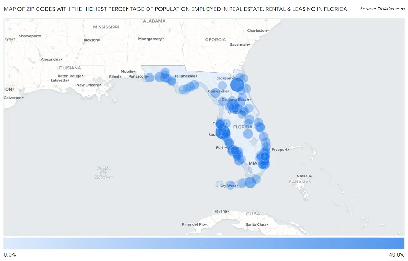 Zip Codes with the Highest Percentage of Population Employed in Real Estate, Rental & Leasing in Florida Map