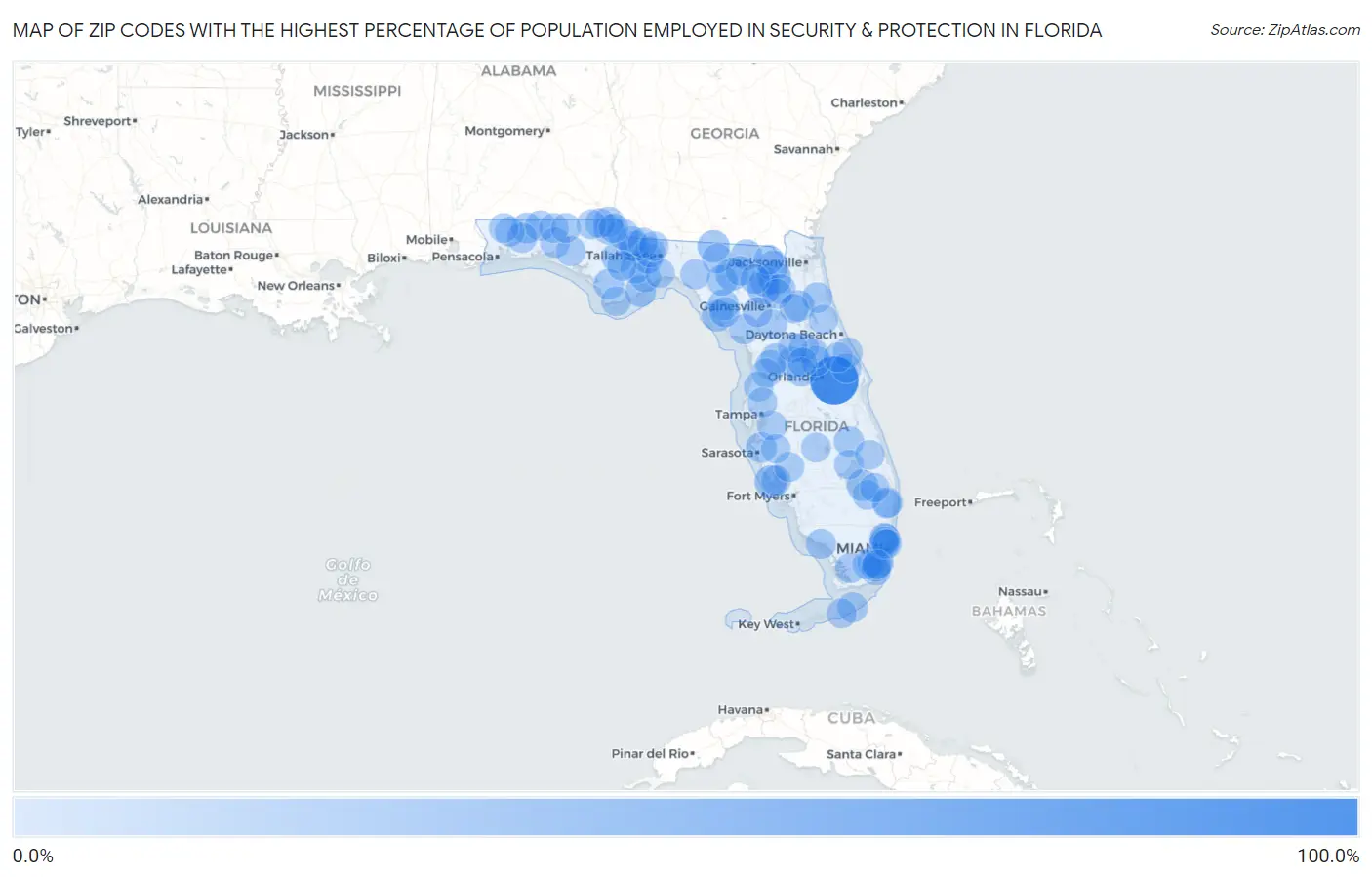 Zip Codes with the Highest Percentage of Population Employed in Security & Protection in Florida Map