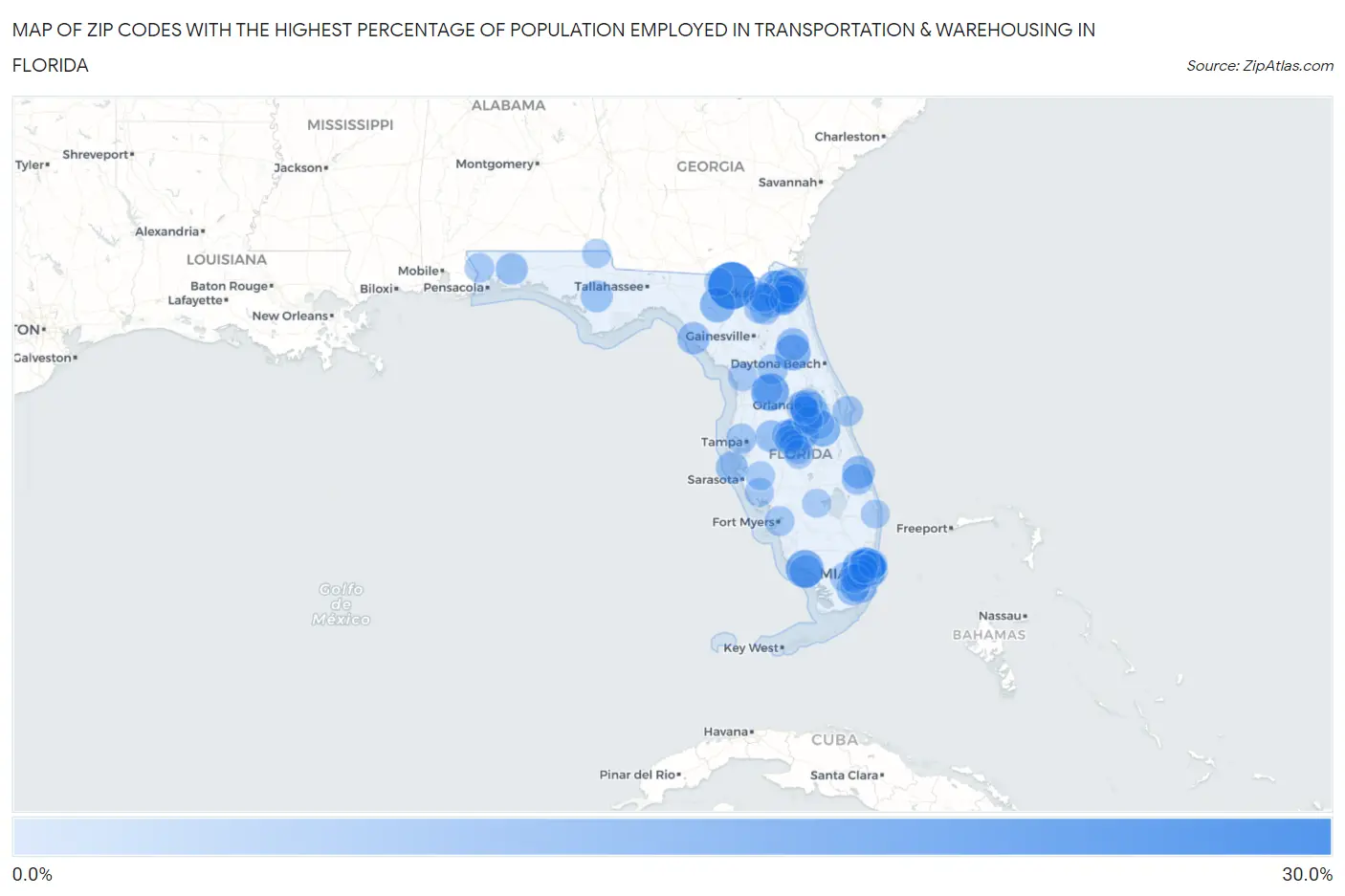 Zip Codes with the Highest Percentage of Population Employed in Transportation & Warehousing in Florida Map
