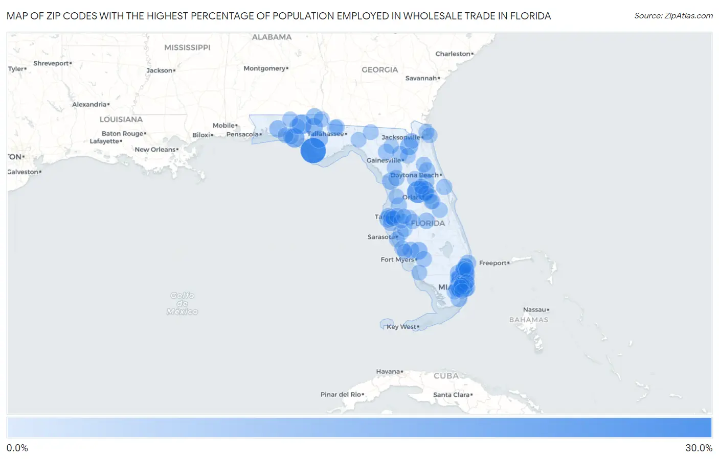 Zip Codes with the Highest Percentage of Population Employed in Wholesale Trade in Florida Map