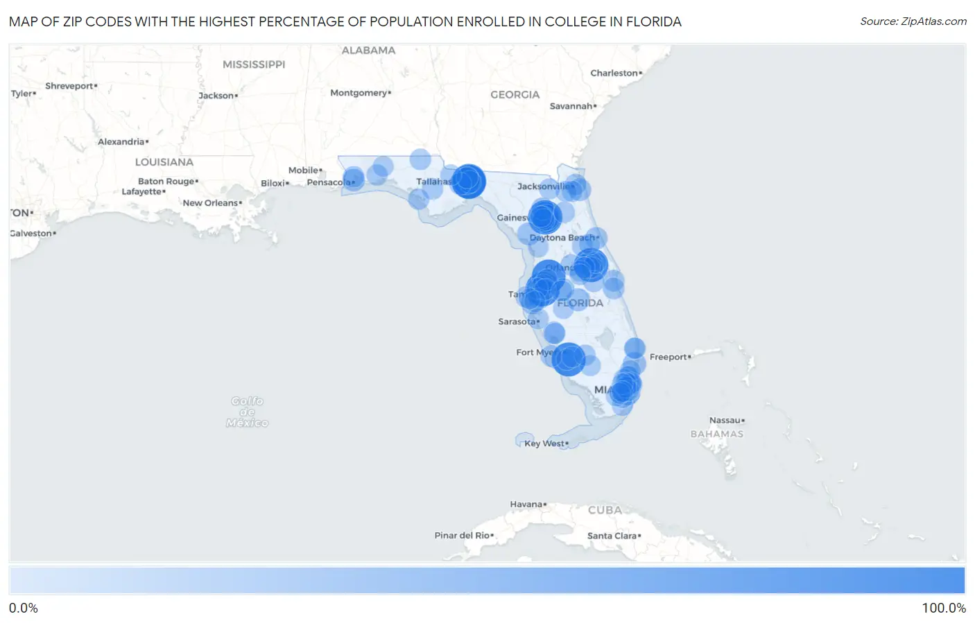 Zip Codes with the Highest Percentage of Population Enrolled in College in Florida Map