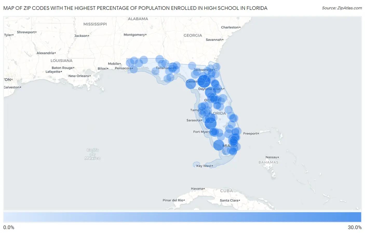 Zip Codes with the Highest Percentage of Population Enrolled in High School in Florida Map