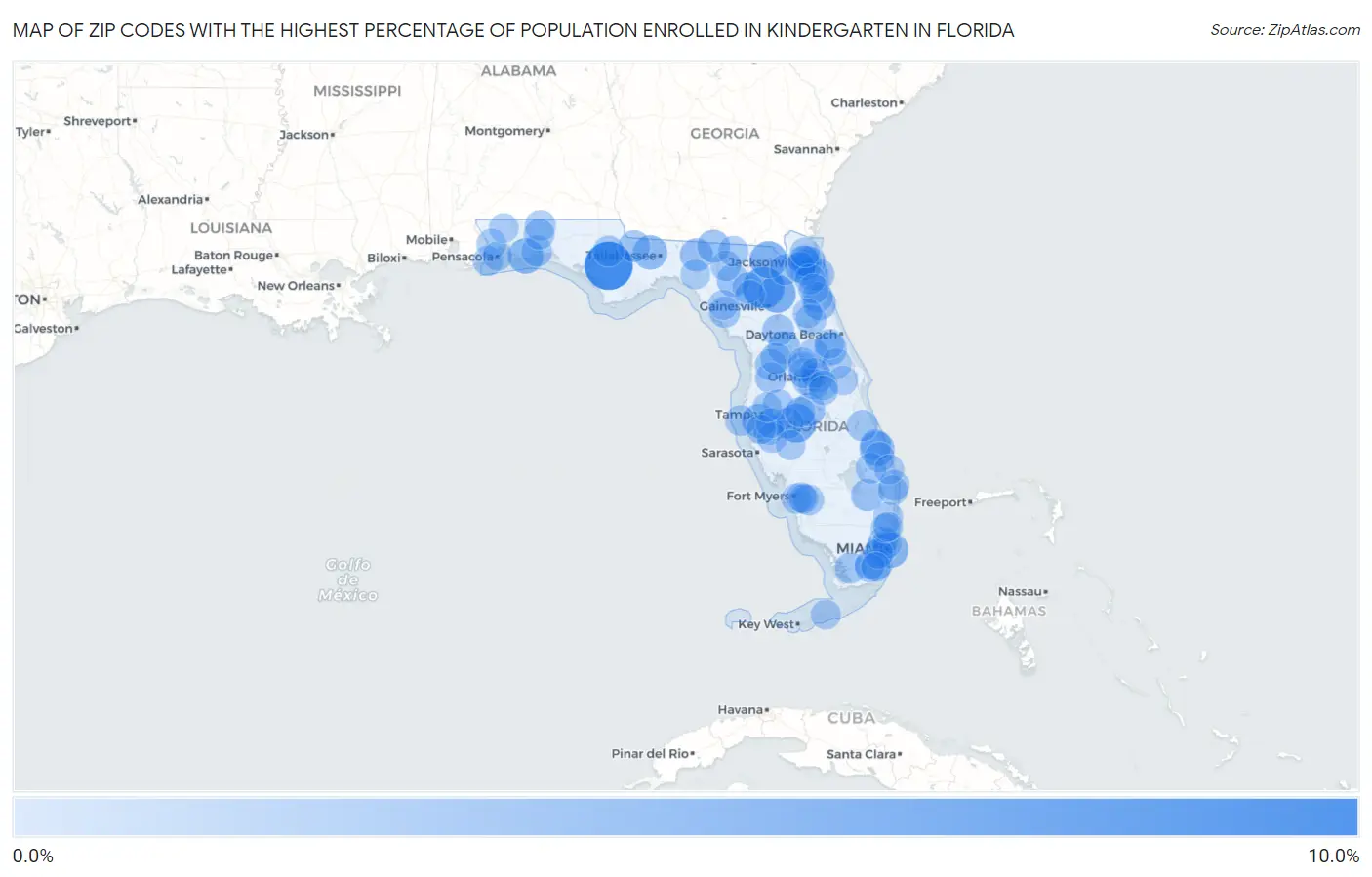Zip Codes with the Highest Percentage of Population Enrolled in Kindergarten in Florida Map