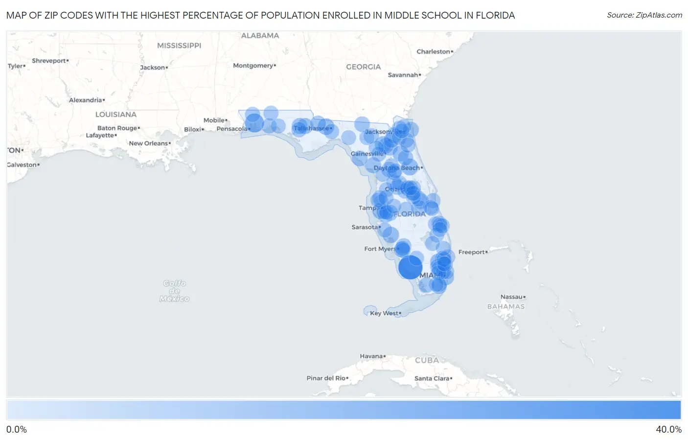 Zip Codes with the Highest Percentage of Population Enrolled in Middle School in Florida Map