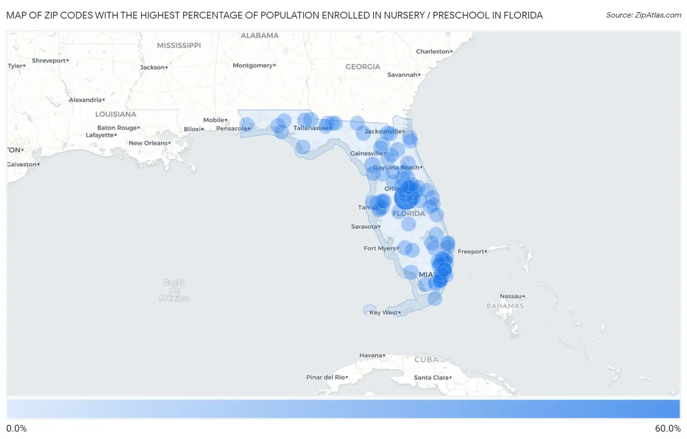 Zip Codes with the Highest Percentage of Population Enrolled in Nursery / Preschool in Florida Map