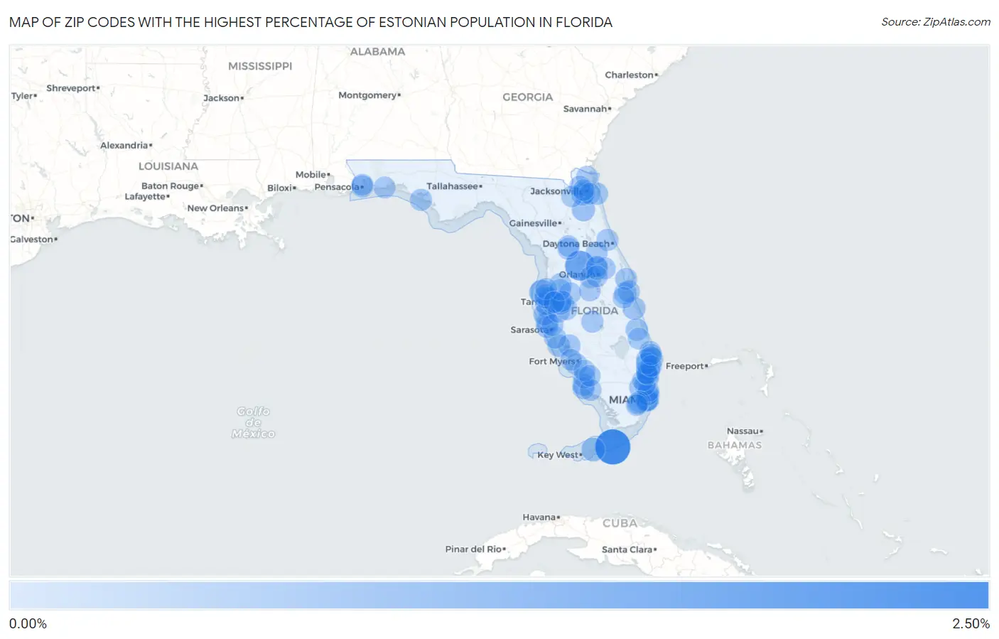 Zip Codes with the Highest Percentage of Estonian Population in Florida Map