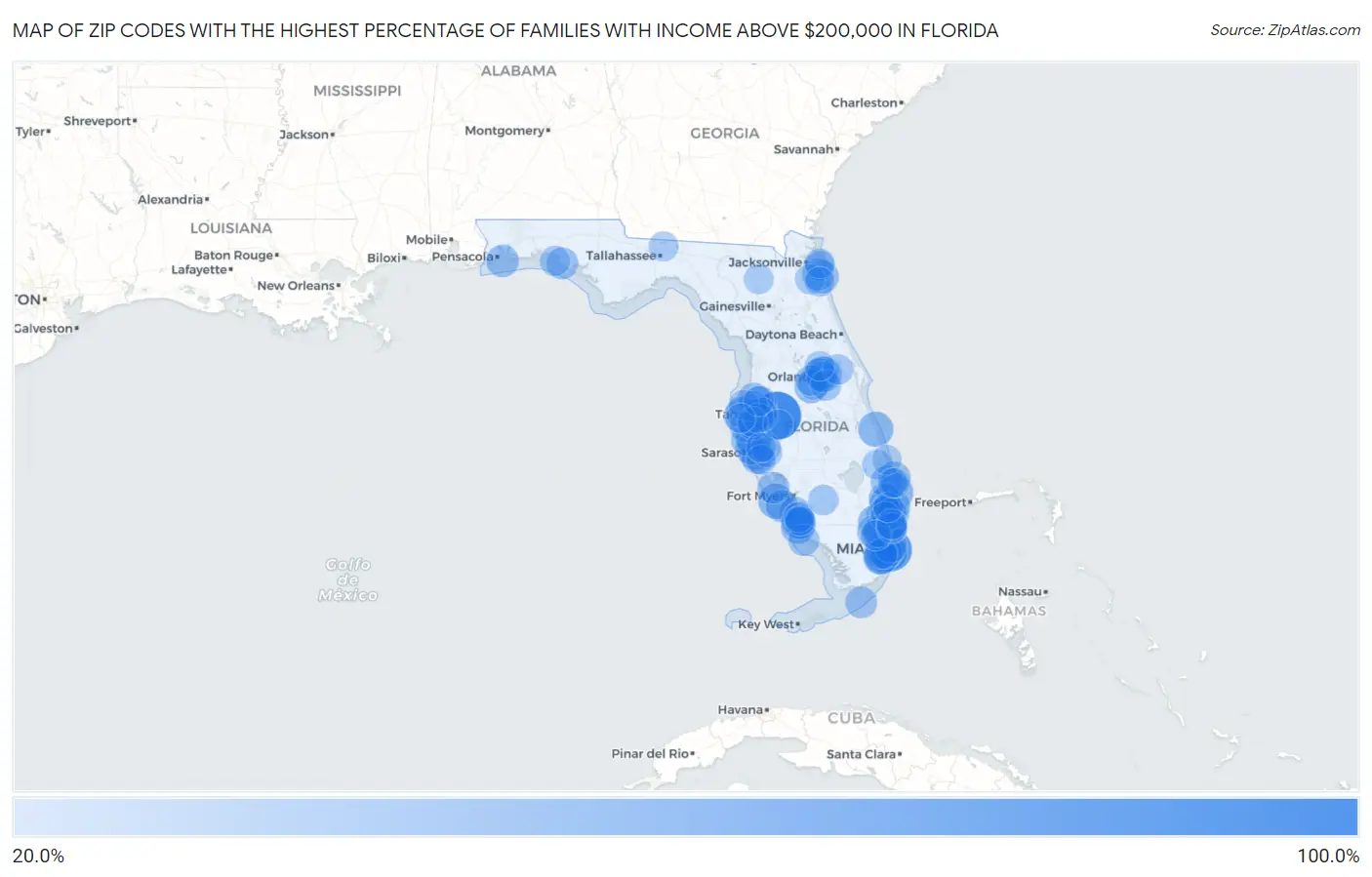 Zip Codes with the Highest Percentage of Families with Income Above $200,000 in Florida Map