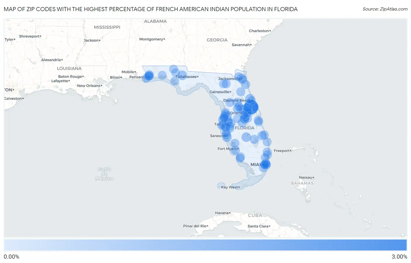 Zip Codes with the Highest Percentage of French American Indian Population in Florida Map