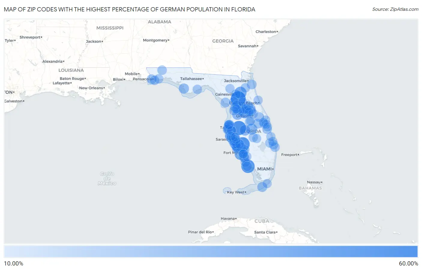 Zip Codes with the Highest Percentage of German Population in Florida Map